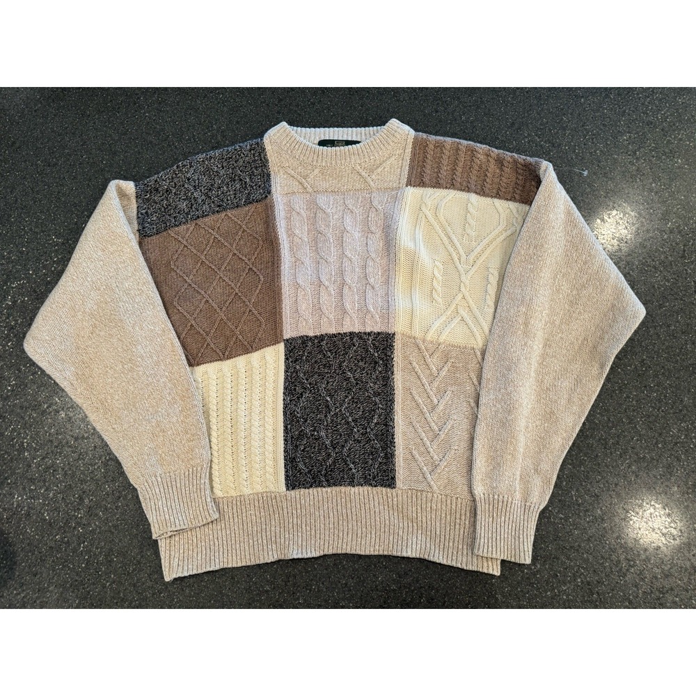 Orvis Mens Patchwork Sweater L‎ Beige Brown Gray Colorblock Cable Knit Crewneck